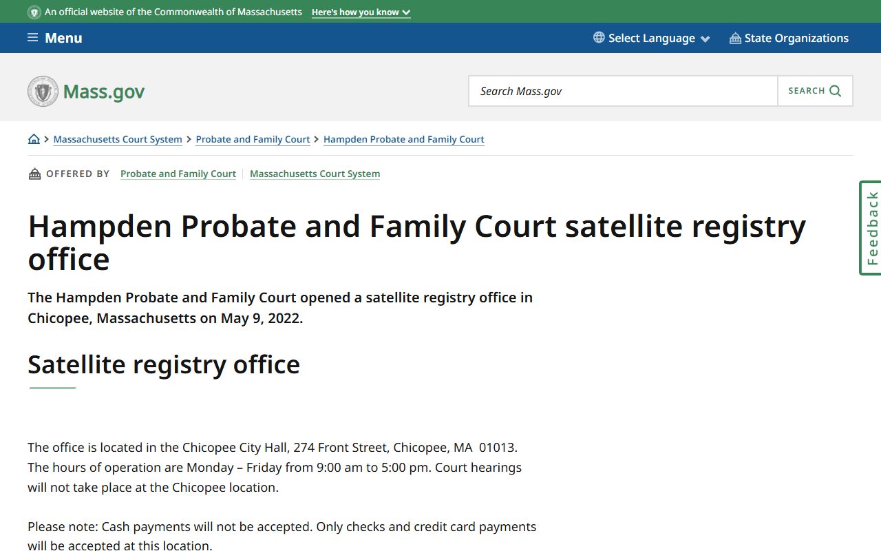 Springfield area Chicopee satellite office for probate court records