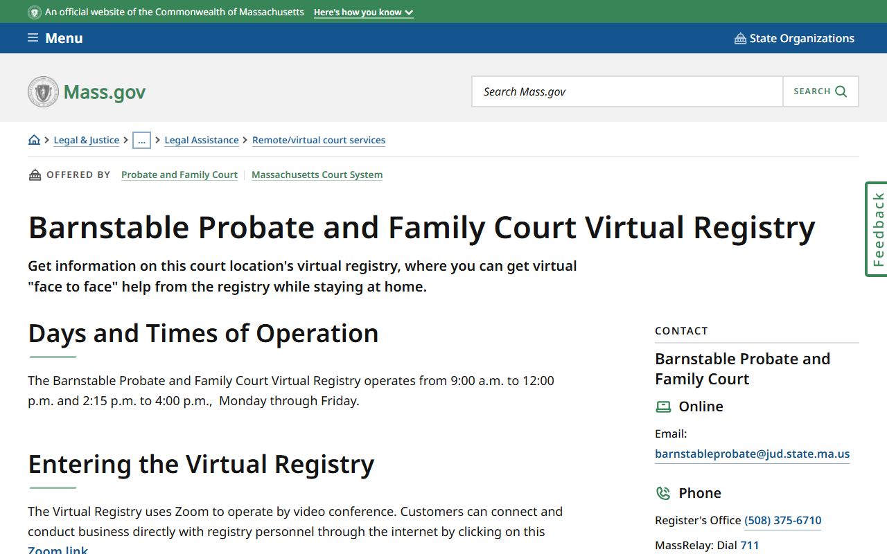 Barnstable County Probate virtual registry for accessing probate court records