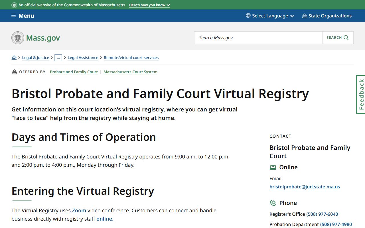 Bristol County Probate Court virtual registry for remote probate record access