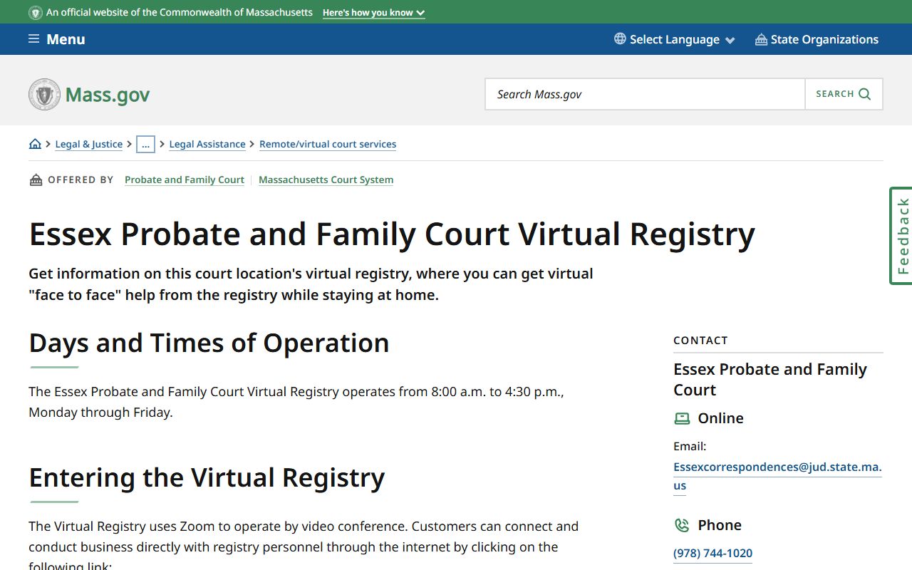 Essex County Probate Court virtual registry for probate court records access