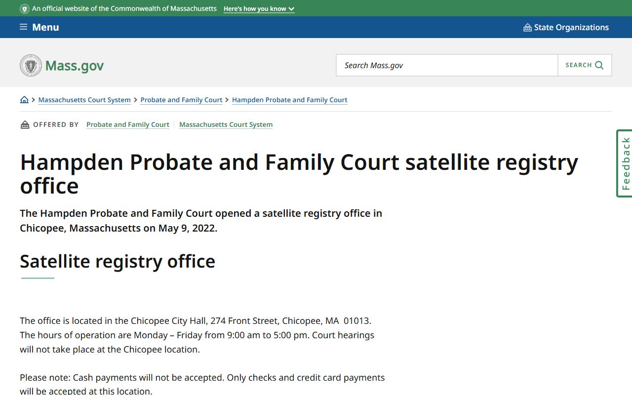 Chicopee satellite office for Hampden County probate court records