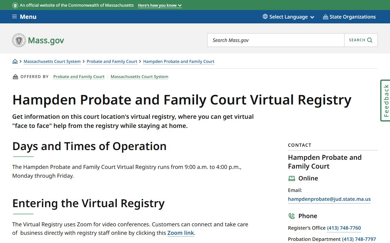 Hampden County Probate virtual registry for accessing probate court records