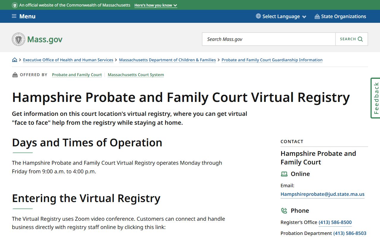 Hampshire County Virtual Registry for probate court records access