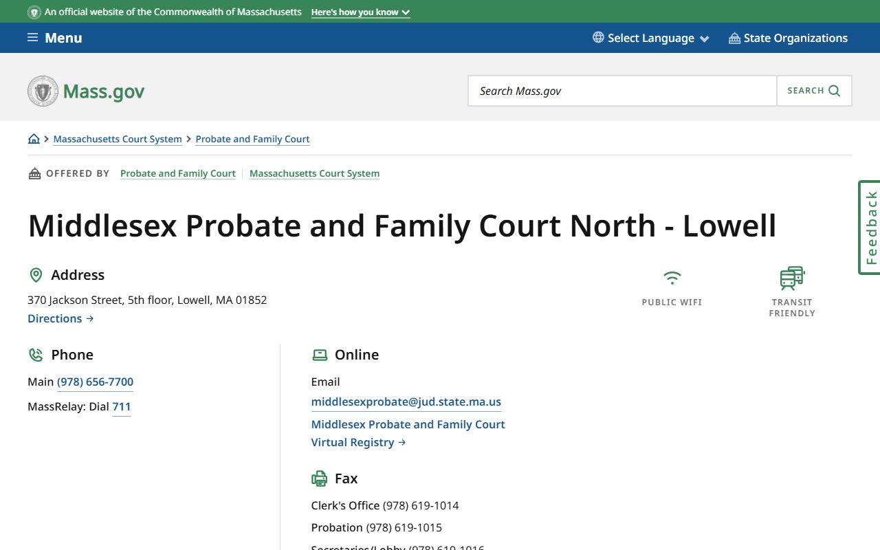 Middlesex Probate Court Lowell location for probate court records