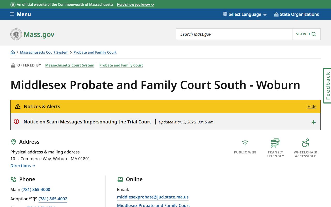 Middlesex Probate and Family Court Woburn location for probate court records
