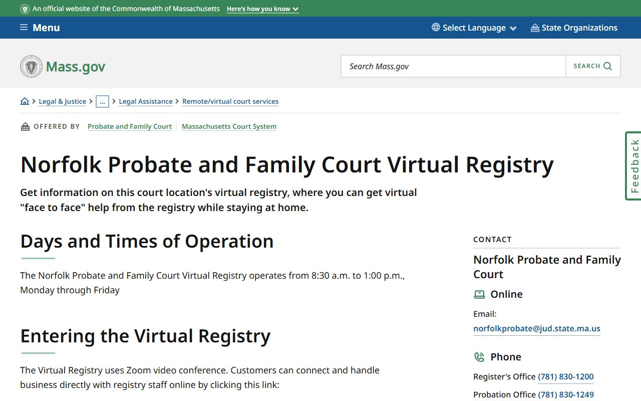 Norfolk County Probate Court virtual registry for remote access to probate records