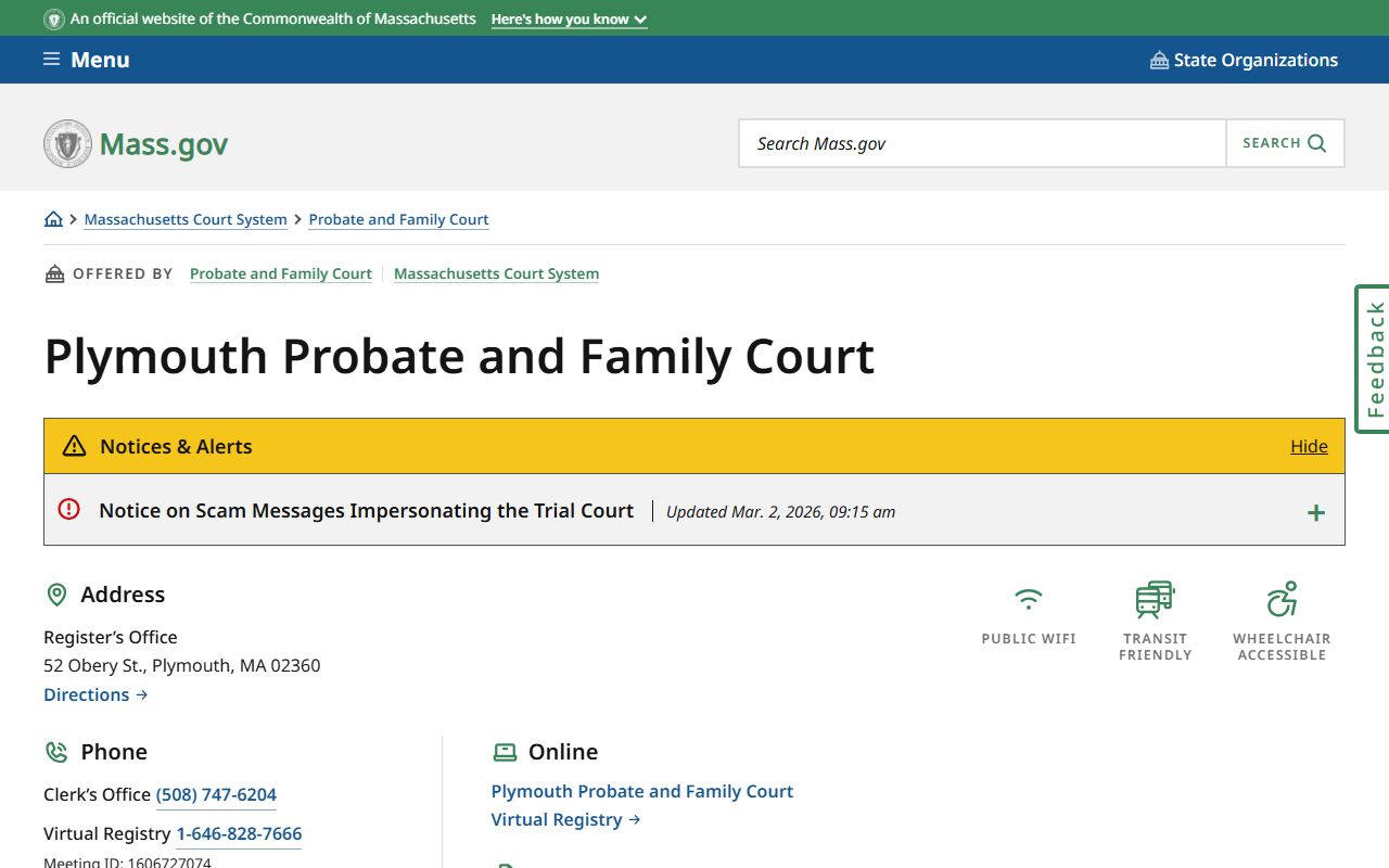 Plymouth County Probate and Family Court location page for probate court records