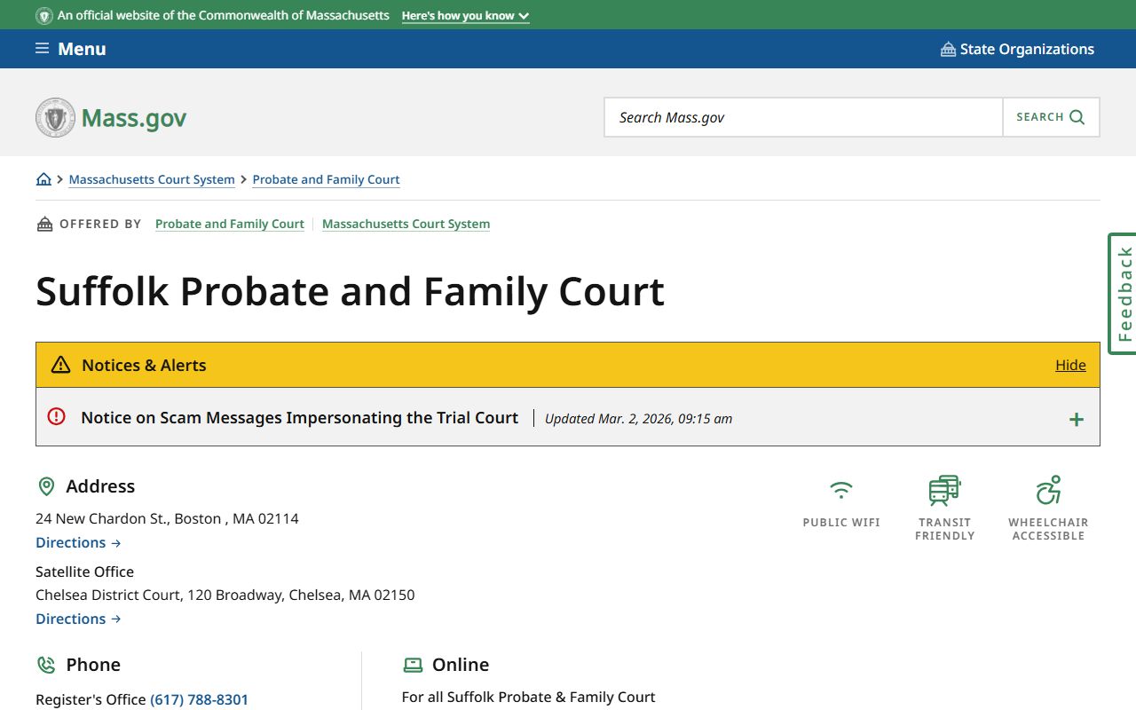 Suffolk County Probate and Family Court website for probate court records in Boston