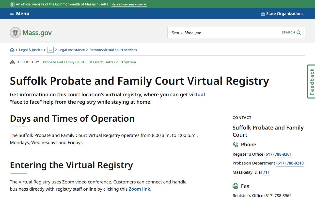 Suffolk County Probate Court virtual registry for remote access to probate records