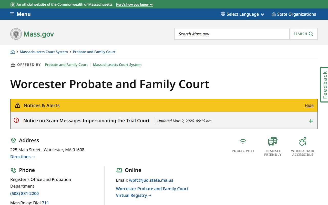Worcester County Probate and Family Court website for probate court records