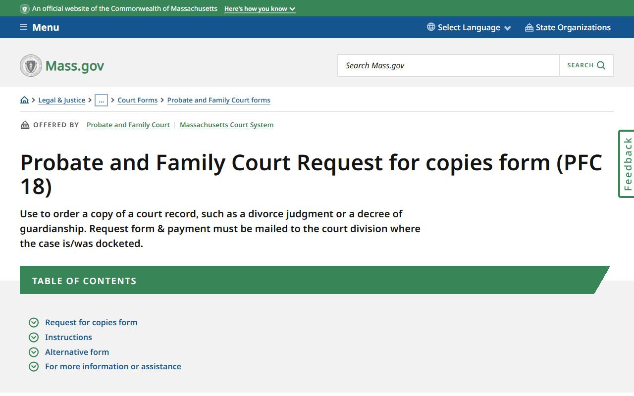 PFC 18 form for requesting Massachusetts probate court records