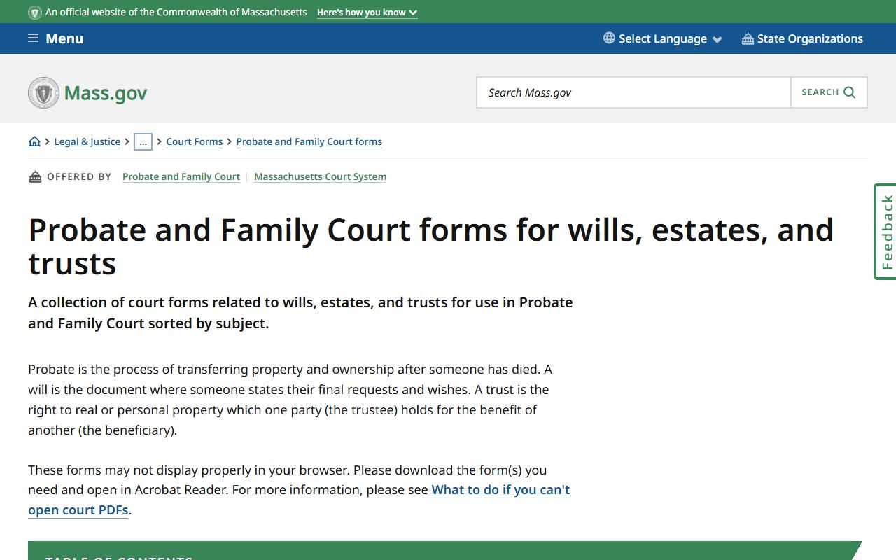 Massachusetts probate court records forms list for wills and estates